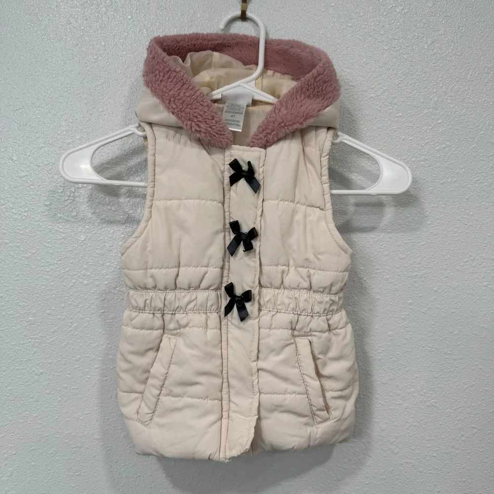 Nicole‎ Miller Girls Cream Puffer Vest Pink Sherpa Hood Black Bows 4T Outerwear